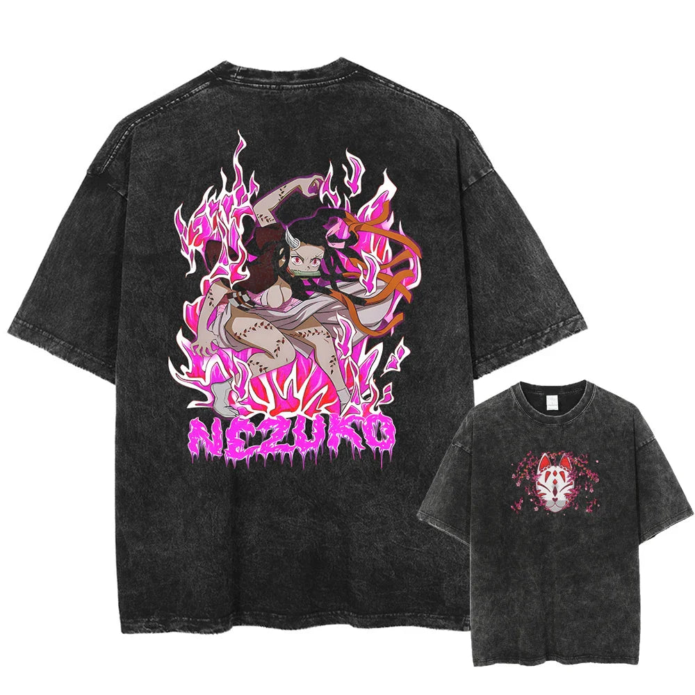 Demon Slayer Nezuko Blood Demon Art Flames Oversized Vintage T-Shirt
