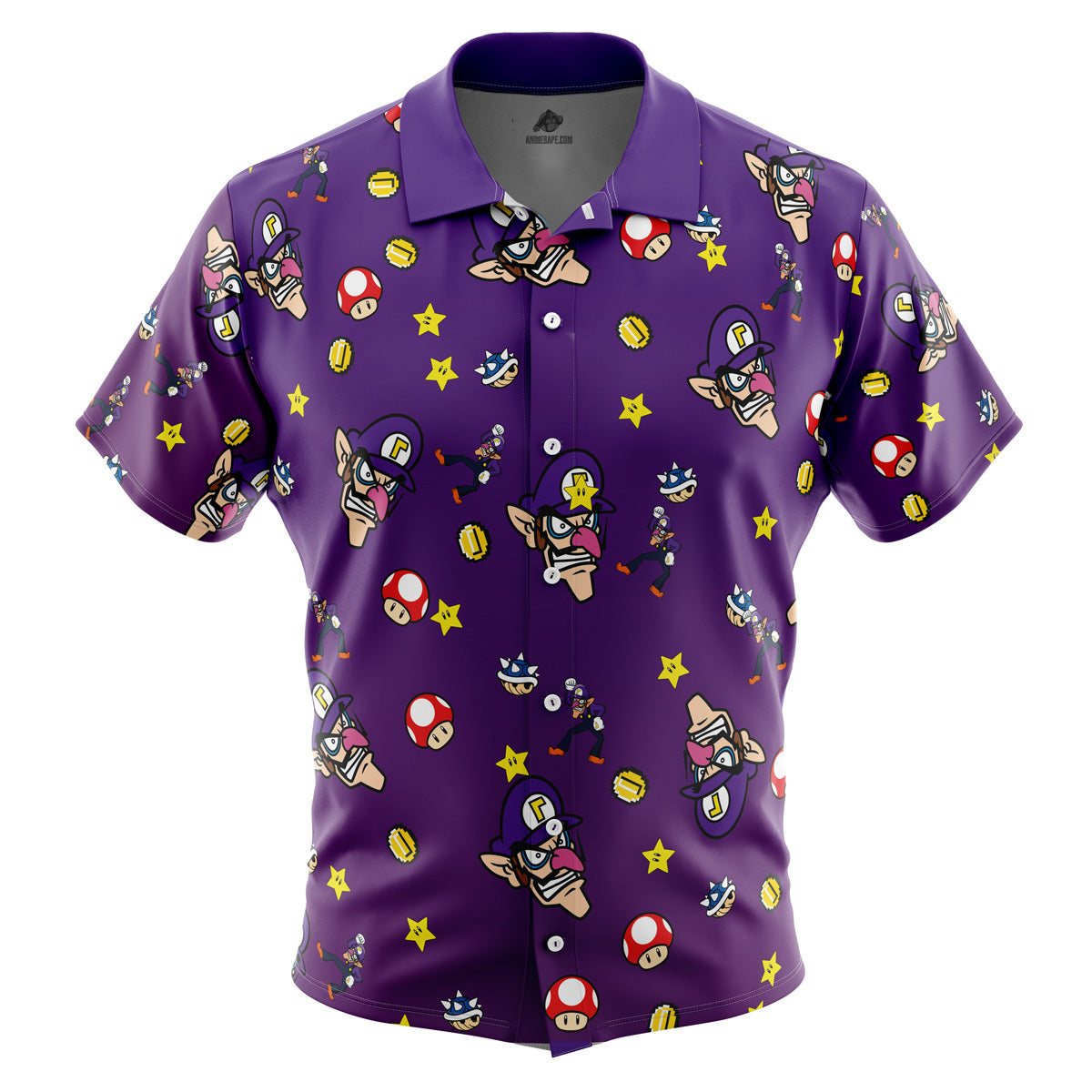 Waluigi Pattern Mario Bros Button Up Hawaiian Shirt